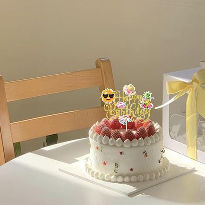 1 PCS Summer Beach Happy Birthday Cake Topper Sun Flip-Flops Pineapple Flatator Hat Cake Pick Pool Party Cake Decorations for Tropical Hawaii Luau Theme Baby Shower Birthday Party Supplies Gold