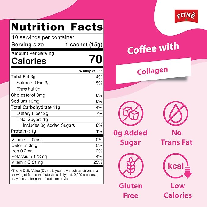 FITNE Instant 3 In 1 Coffee Packets Mix With Natural Hydrolyzed Collagen Vitamin C Smooth Blend Tasty Aromatic No Sugar Sucralose Sweetener, 10 Sticks