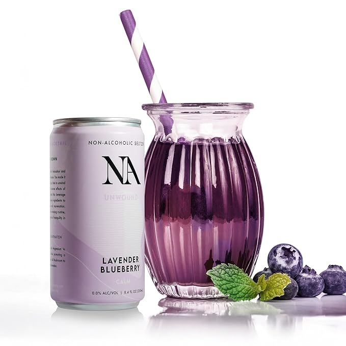 NA Non-Alcoholic Functional Adaptogen Drinks with Ashwagandha, Mushrooms and Magnesium for Calming | Low Sugar, Low Calorie Social Tonic | Lavender Tea & Blueberry, 8.4oz Cans (12 Pack)