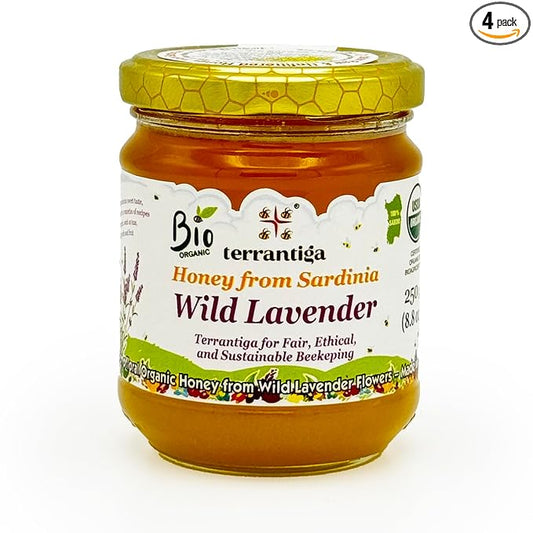 Wild Lavender Organic Raw Honey from Wild Lavender Flowers, Artisanal Fruity and Harmonious Sweet Honey from Sardinia, Italy - 4 x (250gr) 8.8 oz