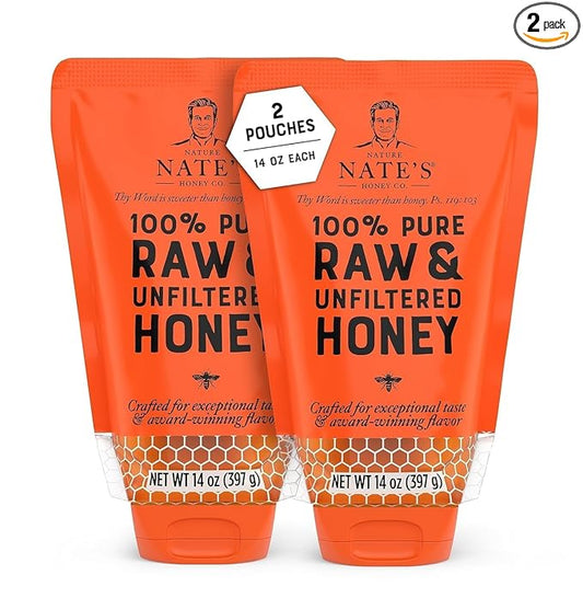 Nature Nate's 100% Guarantee Pure Raw & Unfiltered Honey, No-Drip Sustainable Squeeze Pouch, 14 Oz (Pack of 2)