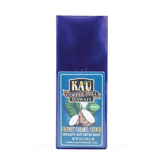 Ka'u Coffee Mill Handcrafted Coconut Caramel Crunch Flavored Coffee - Pure Kau Cafe from Hawaii Grown Arabica Beans - Gourmet Small Batch - 10oz