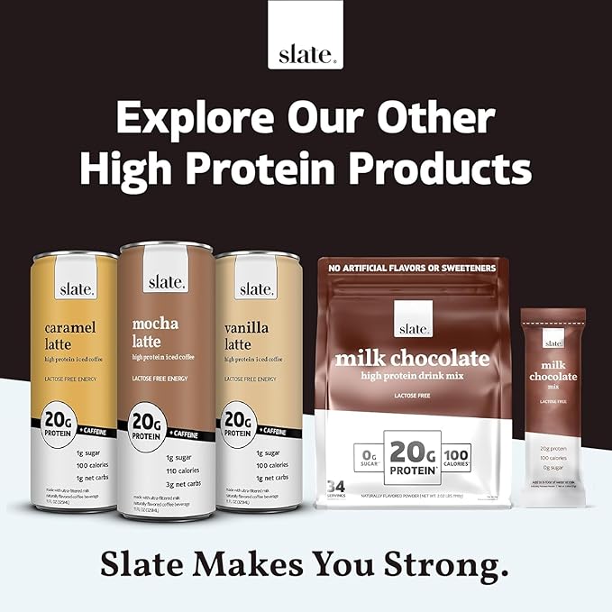 Slate Milk - High Protein Iced Coffee - Sweet Cream Latte - 175mg Caffeine, Lactose Free Energy - 20g Protein, 1g Sugar, 100 Calories, 1g Net Carbs, No Sugar Added - Protein Coffee - 11 fl oz, 24 Cans