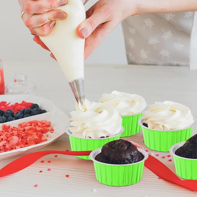 50 Pack Baking Cups with Lids, Aluminum Foil Cupcake Cups Muffin Liners, Disposable Foil Ramekins, Cupcake Holders Dessert Containers Mini Pudding Cups (Green)