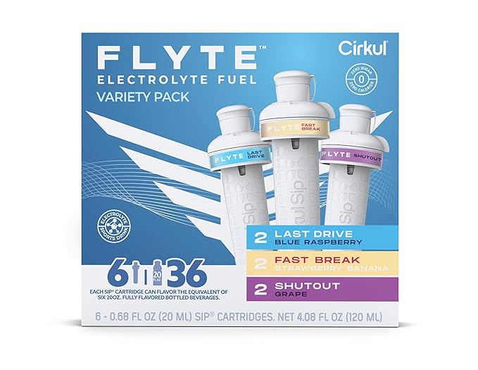 Cirkul Flyte Flavor Cartridge Variety Pack with Electrolytes, 6-Pack (2 Last Drive, 2 Fast Break, 2 Shutout), No Sugar, Zero Calorie Drink Mix