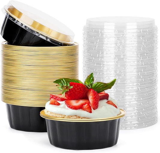 Beasea Disposable Ramekins with Lids, 8 oz 50 Pack Black Gold Aluminum Foil Cups, Disposable Creme Brulee Muffin Cupcake Baking Cup Mini Pudding Cups for Party Wedding Birthday