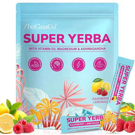 Yerba Mate Instant Tea Powder | Super Yerba Mate Tea for Energy Support & Gut Health - Ashwagandha, Lion?™s Mane, L-Theanine, Raspberry Lemonade Flavor, Hot or Cold Drink (10.58 oz, 30 Servings)