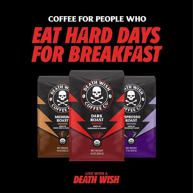 Death Wish Coffee, Whole Bean Dark Roast - USA Organic Coffee Beans Bundle/Bulk - Fair Trade Arabica & Robusta - 16 Ounce (Pack of 2)