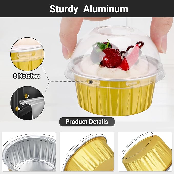 EUSOAR Gold Cupcake Liners and Sporks Disposable, 60pcs 5oz Disposable Aluminum Creme Brulee Muffin Ramekins with Lids，Foil Baking Cups with Lids for Picnic Wedding Birthday Party Family Gathering