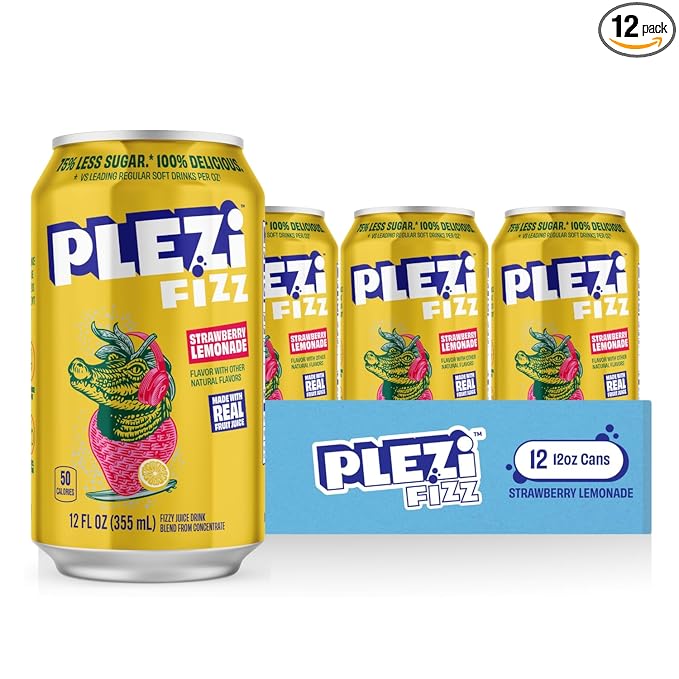 PLEZi FiZZ Strawberry Lemonade Sparkling Juice - Healthy Soda Alternative with Real Fruit Juice, No