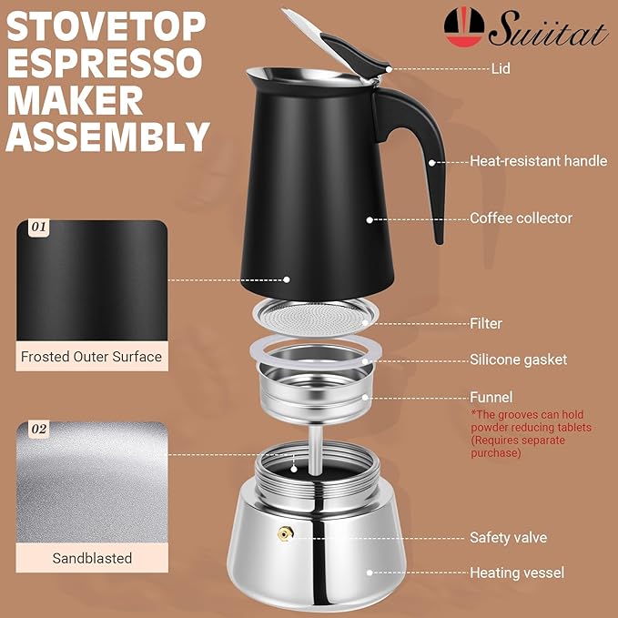 Moka Pot, 9 Cups (15.9 oz) Stovetop Espresso Maker, 304 Stainless Steel Moka Pot, Induction Compatible, Black