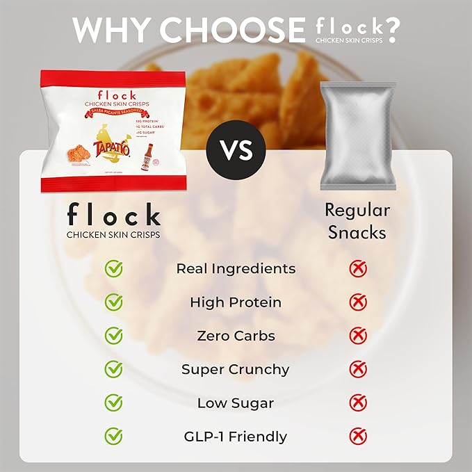 Flock Keto Chicken Skin Chips | Tapatio Flavor | Low Carb, High Protein, Sugar Free, Gluten Free Fried Chicken Skins for People | (1oz) 8-Pack Crispy Flock Chips