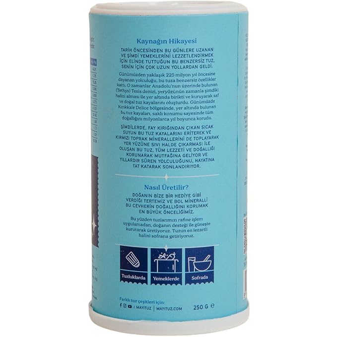 MAYİ Ancient Natural Spring Fine Ground Salt Shaker 8.8 oz - Hand-Harvested, Kosher, Microplastic-Free, Mineral-Rich, Chemical-Free, Unrefined Healthy Salt, Cooking, Baking, Low Sodium Diets