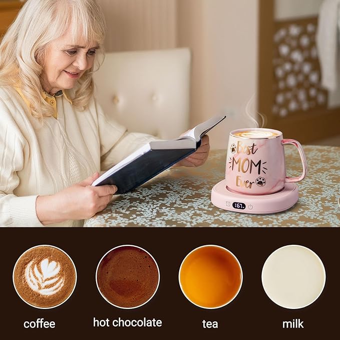 Coffee Mug Warmer & Best MOM Ever Mug Set, Electric Cup Warmer for Desk Office Home, Beverage Warmer with 4 Temperature Setting, 8H Auto Shut Off, Mom Gifts from Daughter Son