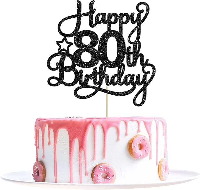 1 Pack Happy 80th Birthday Cake Topper Black Glitter 80 & Fabulous Cheers to 80 Years Old Birthday Cake Pick for Celebrating 80th Birthday Anniversary Party Cake Decorations Supplies