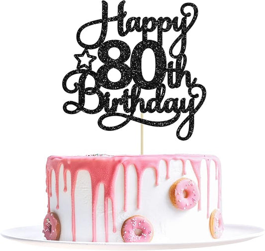 1 Pack Happy 80th Birthday Cake Topper Black Glitter 80 & Fabulous Cheers to 80 Years Old Birthday Cake Pick for Celebrating 80th Birthday Anniversary Party Cake Decorations Supplies