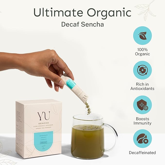 Yu Tea Decaf Organic Sencha Green Tea Powder | Rich in Antioxidants, EGCG, & L-Theanine | Pure Japanese First Harvest Leaf | Caffeine-Free & Unsweetened | Resealable Pouch, 2.65 oz, 100 Servings