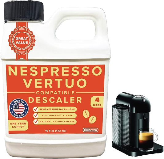Descaler Compatible with Nespresso Vertuo Machine - 1 YEAR SUPPLY Concentrated Descaler for Nespresso - 16oz Coffee Maker Cleaner for Nespresso, Breville, Keurig, Espresso Machine - 4 Uses