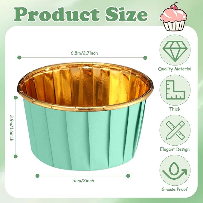 300 Pack Green Gold Cupcake Cups Bulk Disposable Foil Muffin Liners 3.5 oz Wrappers for Baking Aluminum Paper Mini Metallic Disposable Holiday Party Wedding Festival Supply