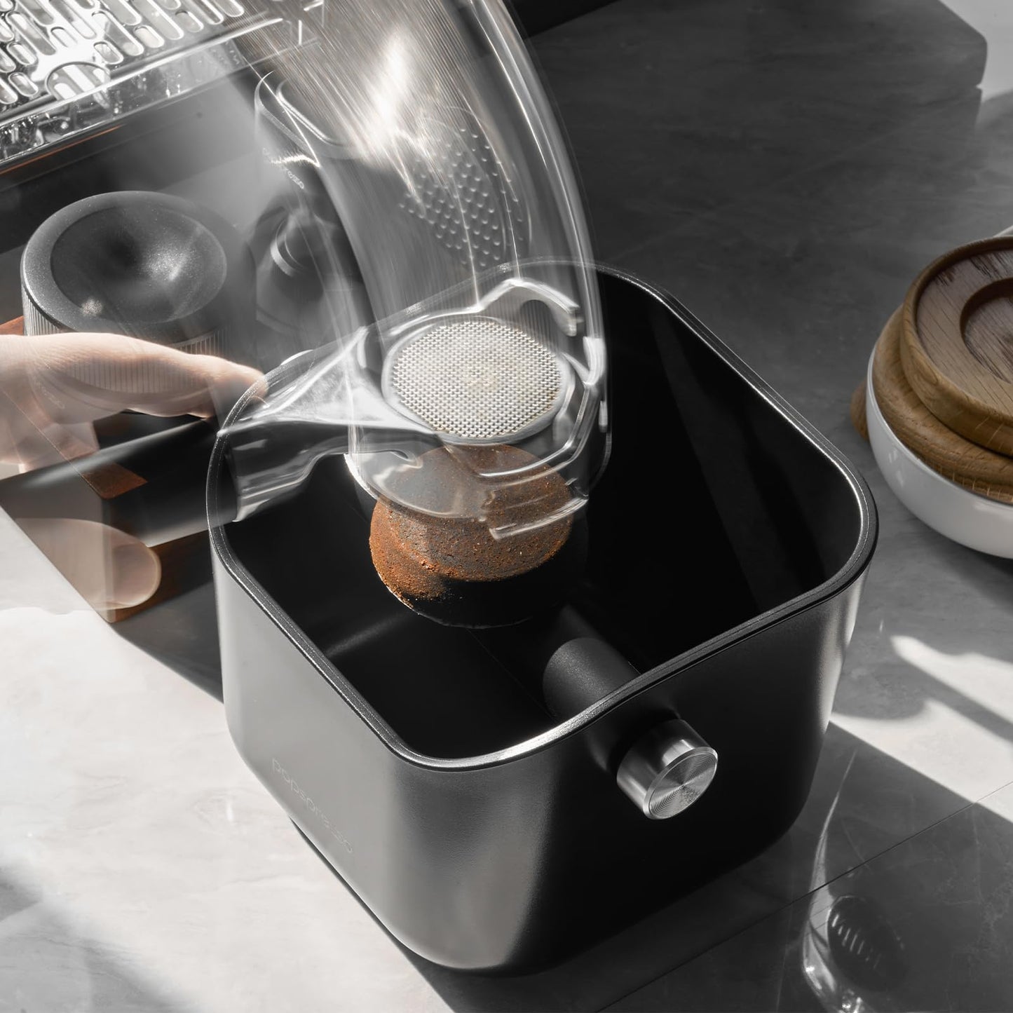 Popspresso Espresso Knock Box for Coffee Grounds, 1.5L Large Capacity Coffee Knock Box with Quiet