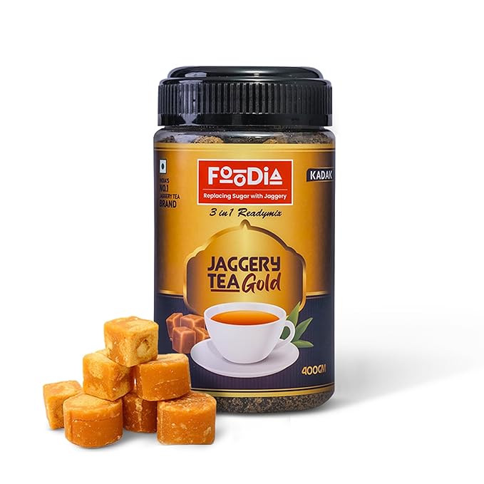 FOODIA Jaggery Kadak GOLD Tea | 3 in 1 Premium Readymix with Jaggery & Strong Tea Powder | 400gm