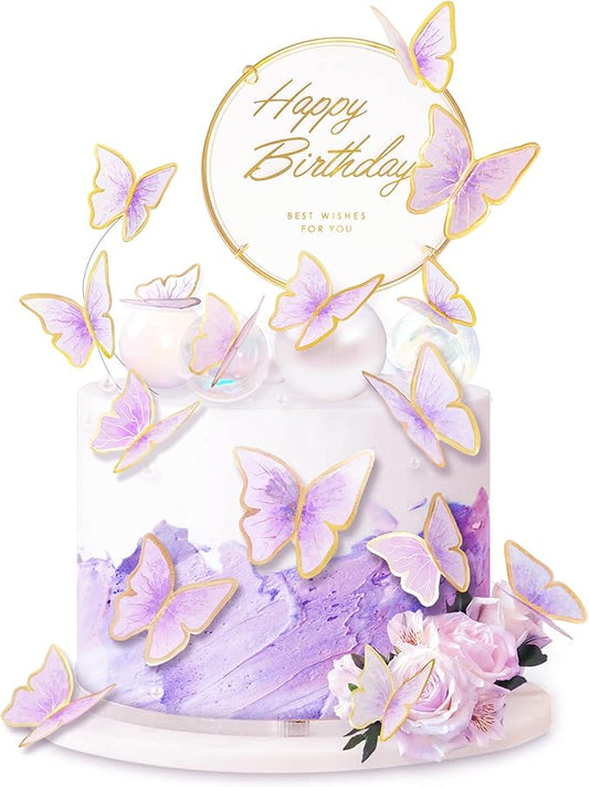 10-Pieces Purple Gold Butterfly Cake Toppers Happy Birthday 1-Metal Gold Birthday Cake Butterfly Party Decorations