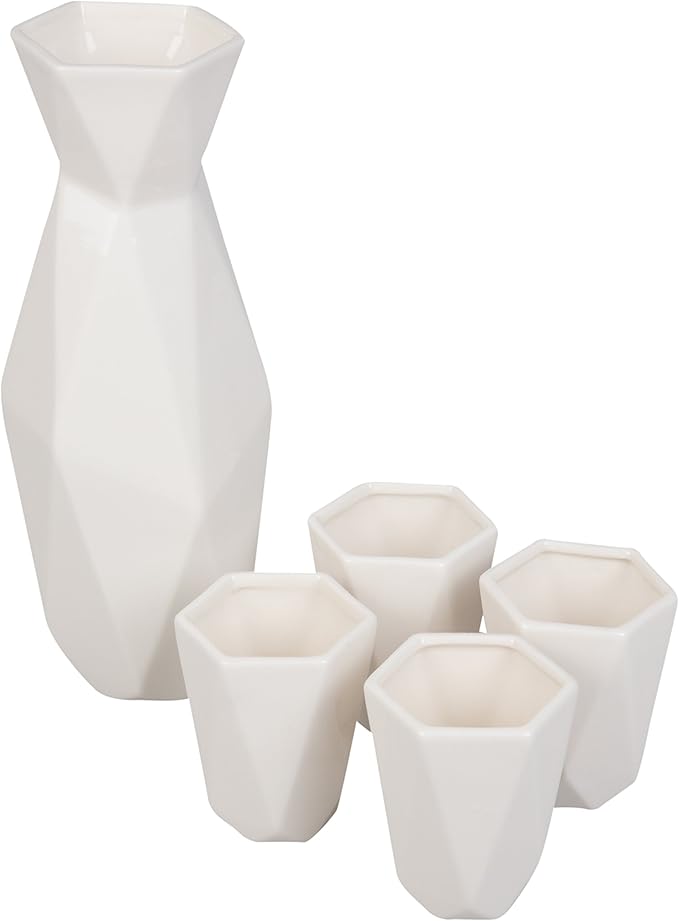 D'Eco 5 Piece Traditional Porcelain Japanese Sake Set, White - 1 Tokkuri Bottle (18 oz) and 4 Ochko Cups - Unique Modern Design - Great Gift Set for Weddings or Housewarmings