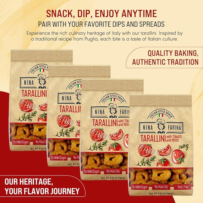 NINA FARINA Tarallini Tomato & Herb-Fresh Baked Italian Crackers Free from Added Sugars, Palm Oils, Yeast - Italian Style Nutritious Tarallini Crackers Great for Health 6.35oz/bag (4PACK)