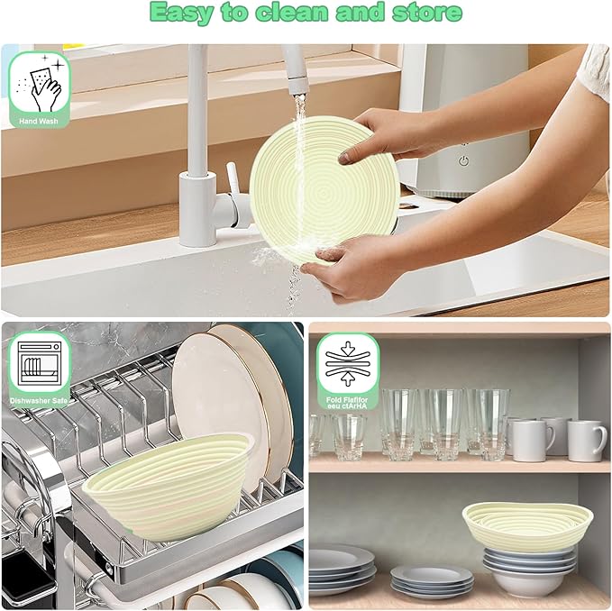 Sourdough Bread Baking Supplies, Silicone Banneton Bread Proofing Basket Set of 2, 9 Inch Round & 10 Inch Oval Foldable Sourdough Proofing Basket, Sourdough Starter Kit, Bread Making Tools (Beige)