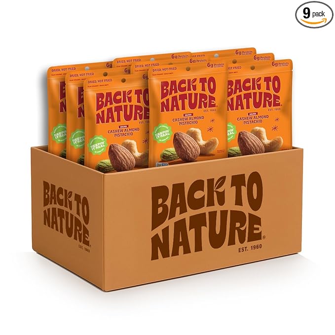 Back to Nature Premium Nut Mix - Cashew, Almond & Pistachio Blend, Dry Roasted with Sea Salt, Non-GMO High Protein Snacks, 9 Ounce (Pack of 9)