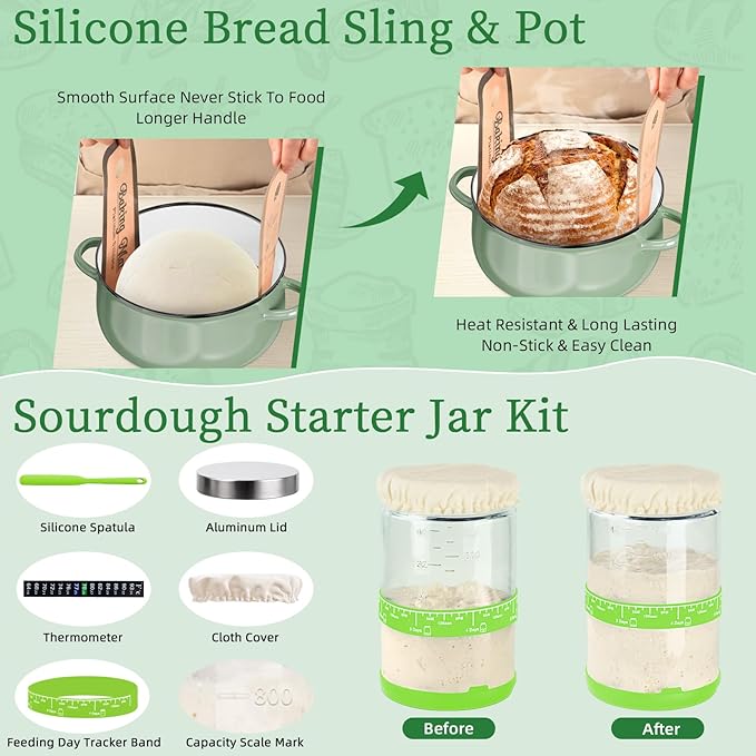 Sourdough Bread Baking Supplies with Pot, Complete Sourdough Starter Kit with Scale, 4 Bread Proofing Basket, 1200ml Starter Jar, Scraper, Bread Making Tools & More (Green)