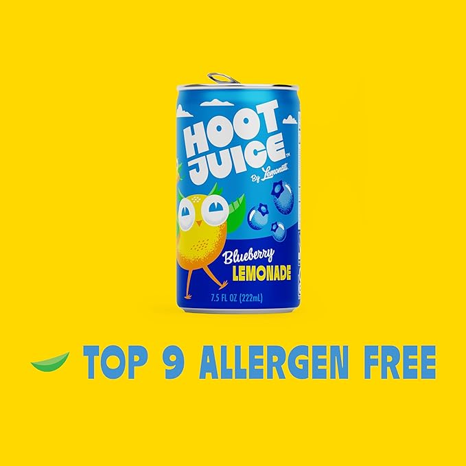Hoot Juice Blueberry Lemonade By Lemonati, No Artificial Sweeteners or Flavors, Gluten-Free, Kosher, Non-GMO, Vegan, 7.5 Fl Oz Mini-Cans, Pack Of 24, Blueberry Lemonade
