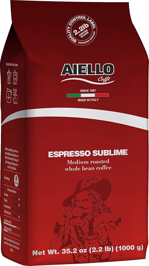 Aiello Caffe Italian Espresso Coffee Beans 2.2 LB Bag, Medium Whole Bean Coffee Freshly Roasted and Blended in Southern Italy Sublime