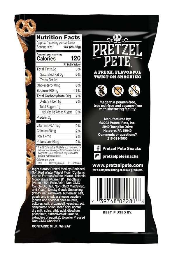 Pretzel Pete Smoky Gouda Seasoned Pretzel Medley, Single Serve Pack, Nut-Free and Sesame-Free Snack, Small Batch, Bold Flavor (1oz, Pack of 24)