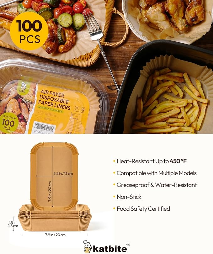 Katbite Air Fryer Liners Disposable - 100PCS, 8x5.5'' Rectangle Liners for Air Fryer Basket, Thick Air Fryer Parchment Paper Liners for Ninja Dual Airfryer Accessories, DZ201, DZ401, FG551