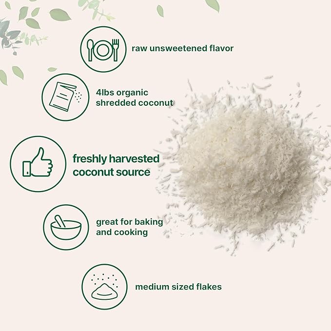 Organic Shredded Coconut Flakes, 4lbs | Raw Unsweetened Flavor, Medium Sized | Great for Baking, Smoothies, or Garnish | Non-GMO, Sugar Free, Keto Friendly