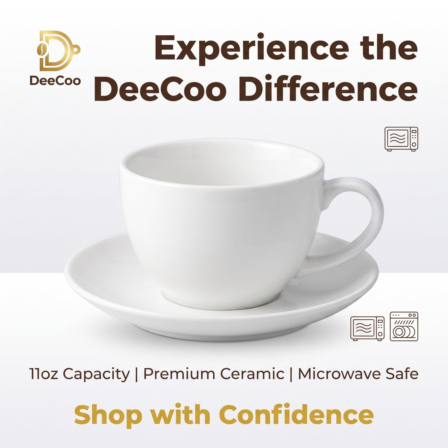DeeCoo 11 oz White Cappuccino Mug- Large Ceramic Coffee Cup with Saucer - Microwave and Dishwasher