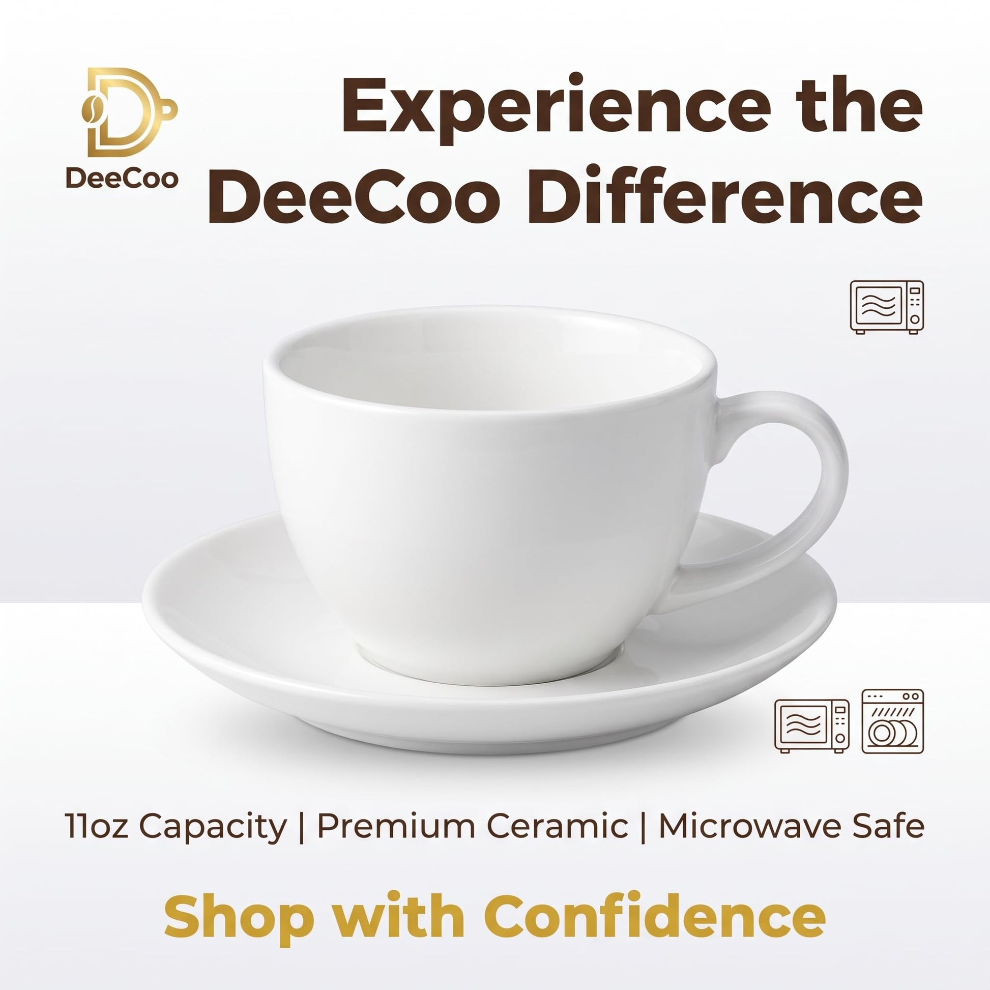 DeeCoo 11 oz White Cappuccino Mug- Large Ceramic Coffee Cup with Saucer - Microwave and Dishwasher