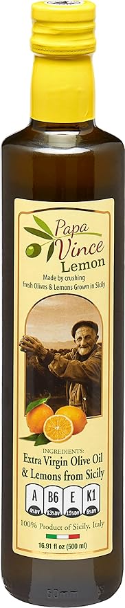 Papa Vince Olive Oil Extra Virgin - First Cold Pressed, Polyphenol Rich Olive Oil (EVOO). Lemon Agrumato, Unfiltered, Single Sourced, Glass Bottle, Family made, Sicily, Italy