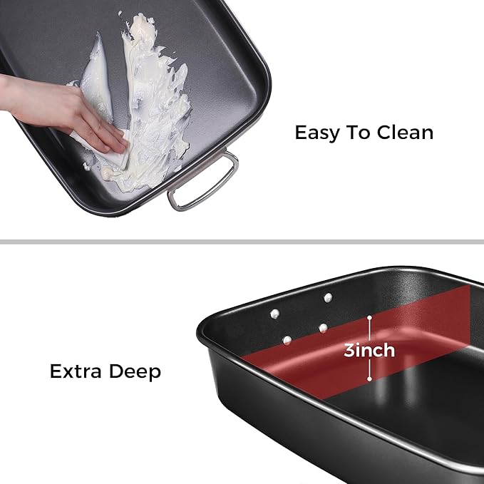 HONGBAKE Nonstick Lasagna Pan 3 Inch Deep, 9x13 Baking Pan, Rectangular Sheet Cake Pan, Roasting Pan for Oven with Stainless Steel Handles, Dishwarsher Safe, Dark Grey