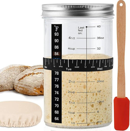 40oz/1200ml Sourdough Starter Kit ??Extra Thermometer Strips and Breathable Covers Included in Sourdough Starter Jar ??A Perfect Sourdough Bread Starter Kit for Beginners to Expert
