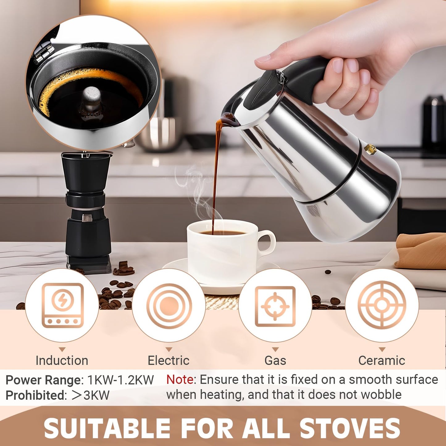 Suiitat 4 Cup Stainless Steel Moka Pot, 200ml Stovetop Espresso Maker, Silver