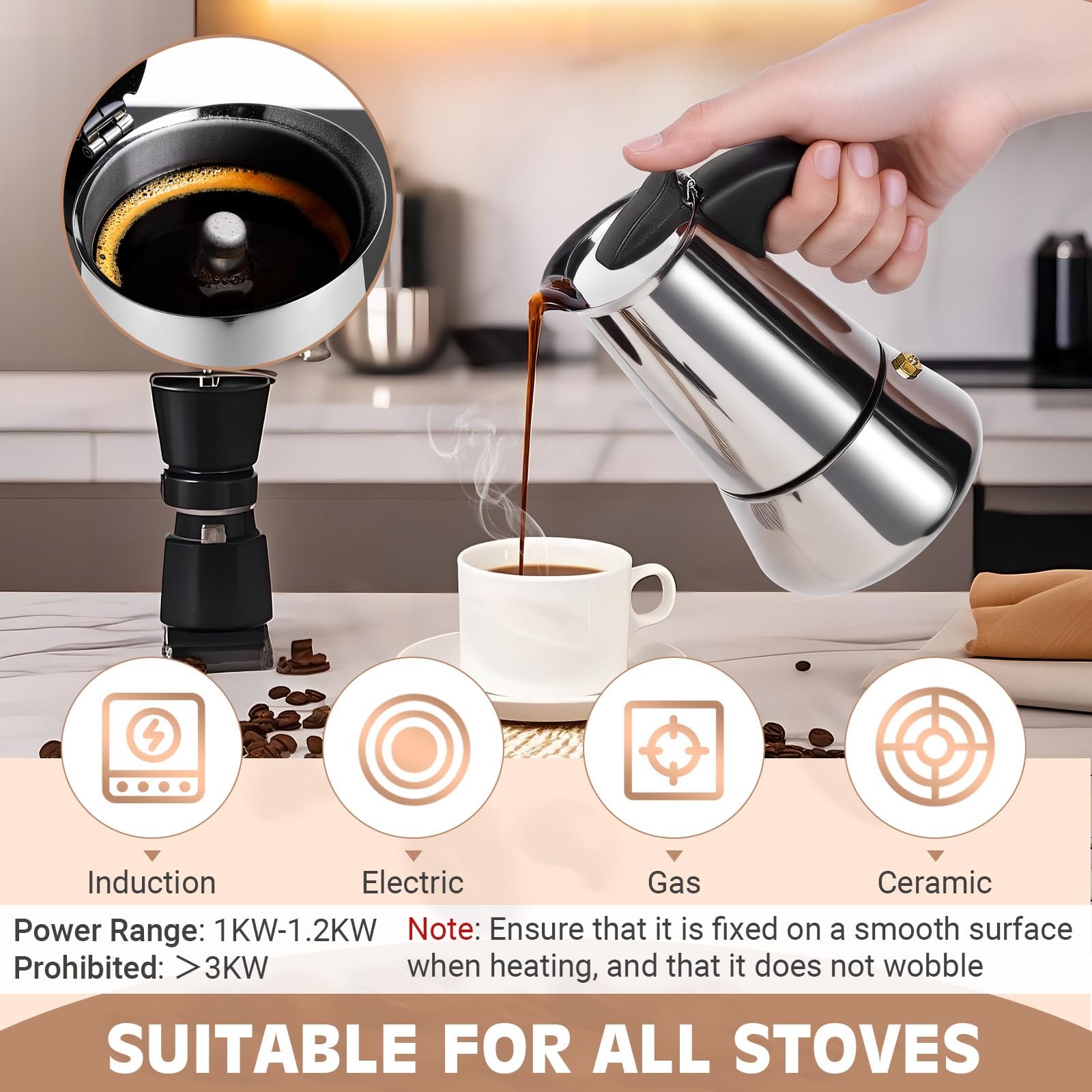 Suiitat 4 Cup Stainless Steel Moka Pot, 200ml Stovetop Espresso Maker, Silver