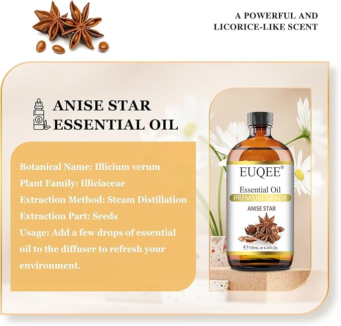 Anise Star Essential Oil 4oz / 118ML Large Capacity Anise Star Oil Pure & Premium Fragrance Essential Oil with Glass Dropper for Candle Soap Making, Diffusers