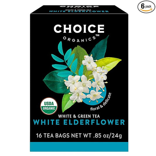 Choice Organic White Elderflower & Green Tea, Caffeinated, 16 Bags (Pack Of 6)