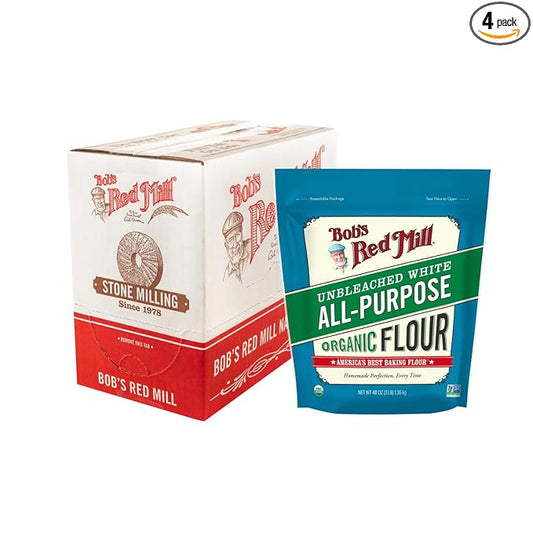 Bob's Red Mill Organic All Purpose Unbleached Flour, 3 Pound (Pack of 4) - Non-GMO, Vegan, Unbromated, Unenriched
