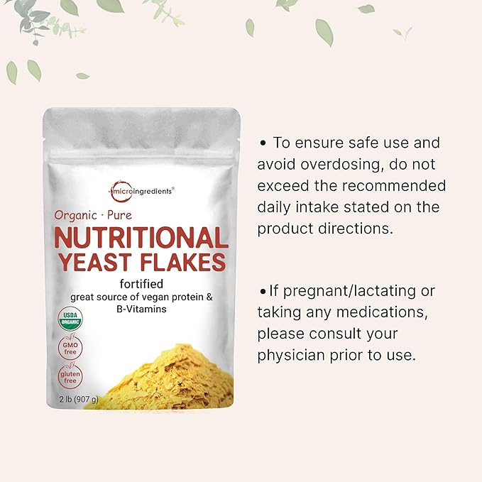Micro Ingredients Organic Fortified Nutritional Yeast Flakes, 2lb (32oz) | Rich in Vegan Protein, B Vitamins, & Beta-Glucans | Keto Friendly, Dairy Free Cheese Substitute, Non-GMO, Gluten Free