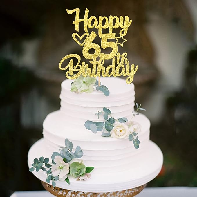 1 Pack Happy 65th Birthday Cake Topper Glitter Heart Star 65 Fabulous Cake Pick Birthday Sign Cake Decorations for Children 65th Birthday Theme Party Supplies Gold