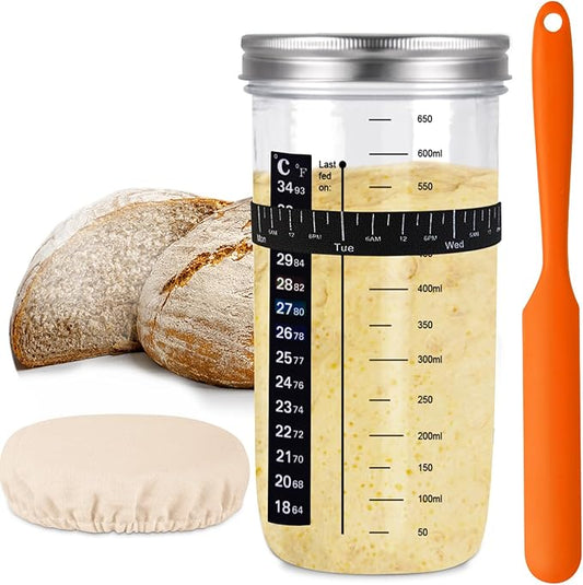 Sourdough Starter Jar, Sourdough Starter Kit With Thermometer, Scraper, Cloth Cover And Metal Lid, 24 Oz Wide Mouth Sour Dough Starter Container Use For Sourdough Bread Baking Supplies(Orange)