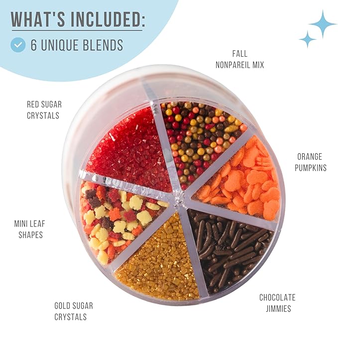 Sweets Indeed Sprinklefetti Fall 6-Cell Sprinkle Jar ??6 Assorted Fall Sprinkles (Pumpkins, Leaves, Sugar Crystals, Nonpareils, Jimmies) | Cupcake & Cake Decorations | 6.45 oz